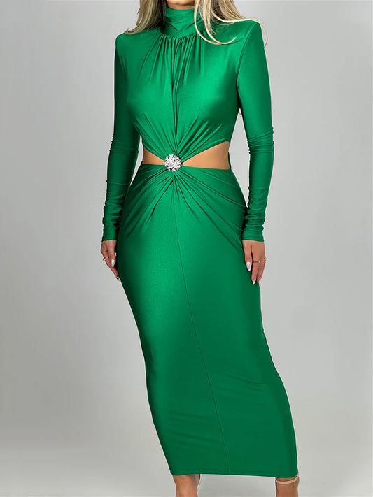 Elegant Hollow Out Sexy Maxi Dress For Women Turtleneck Long Sleeve Bodycon Dress