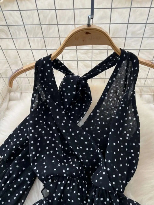 Runway Polka Dots Chiffon Dress Women Deep V Neck Long Maxi Dress