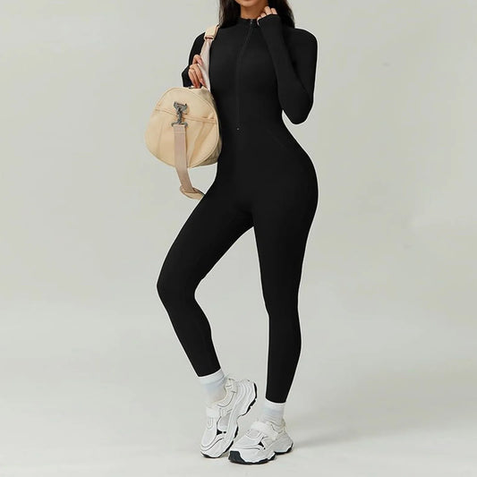 Fleece Lined Bodysuit Solid Color Long Sleeve Plush Fitness Yoga Jumpsuits Seamless Slim One-Piece Zipper Overalls