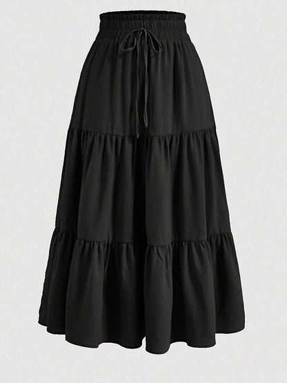 Women's Patchwork Solid Color Loose Skirt; Commuting Casual Cake Skirt; Elastic Waist Elegant Skirt