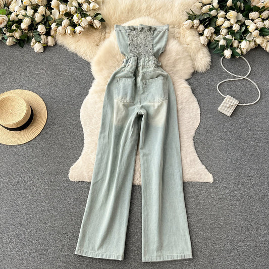 American Retro Streetwear Women Denim Wide Leg Jumpsuit