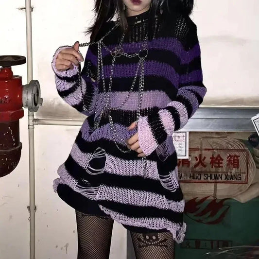 Punk Gothic Long Sweater Women Striped Broken Jumper