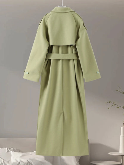 Urban Solid Double Breasted Long Women Coat Loose Full Sleeve Belt Double Breasted Jacket