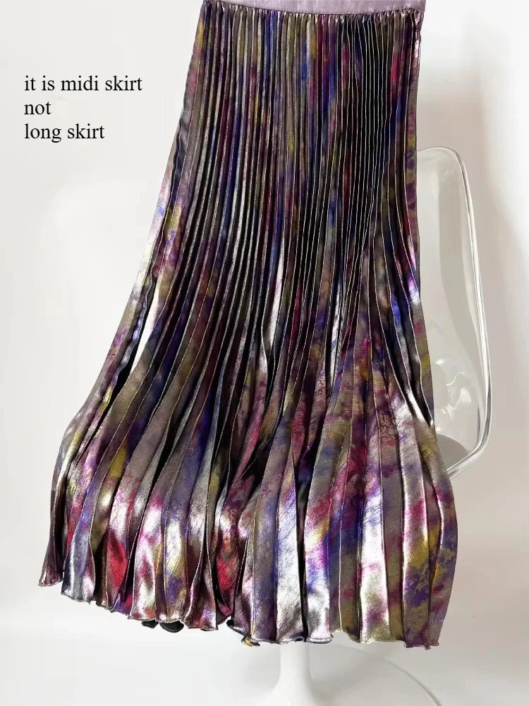 Shiny Colorful Luxury High Waist Midi Skirt Elastic Waistband Pleated Skirt