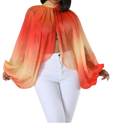 Womens Chiffon Blouse Sexy See Through Lantern Sleeve Front Back Open High Neck Blouses Tops