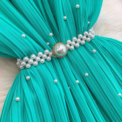 Summer Luxury Pearls Long Chiffon Dress For Women Loose Big Size Short Sleeve Crystal Birthday Evening Midi Pleated Dresses