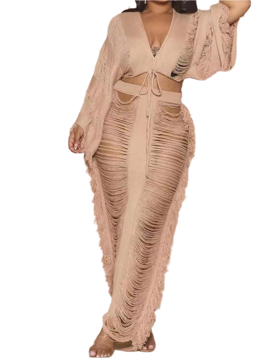 Women's Fringed 2-piece Set Long-sleeved top with fringed cutout sexy and elegant party club outfit