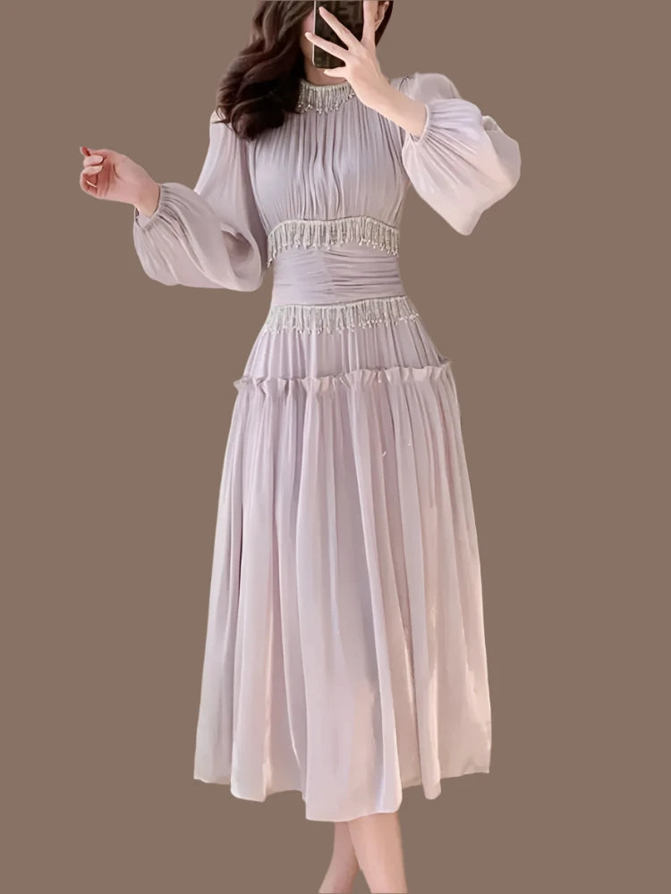 Luxury Chain Tassels Pleated High Quality Puff Sleeve Party Midi Dress Wedding Guest Dress