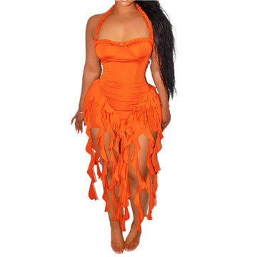 Women Sleeveless Strapless Halter Long Dress Summer Tassel Evening Dress