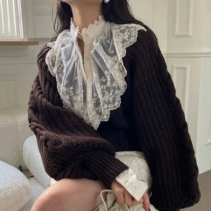 Chic Fried Dough Twists Pattern Pullover Loose Lantern Sleeve Knit Sweater
