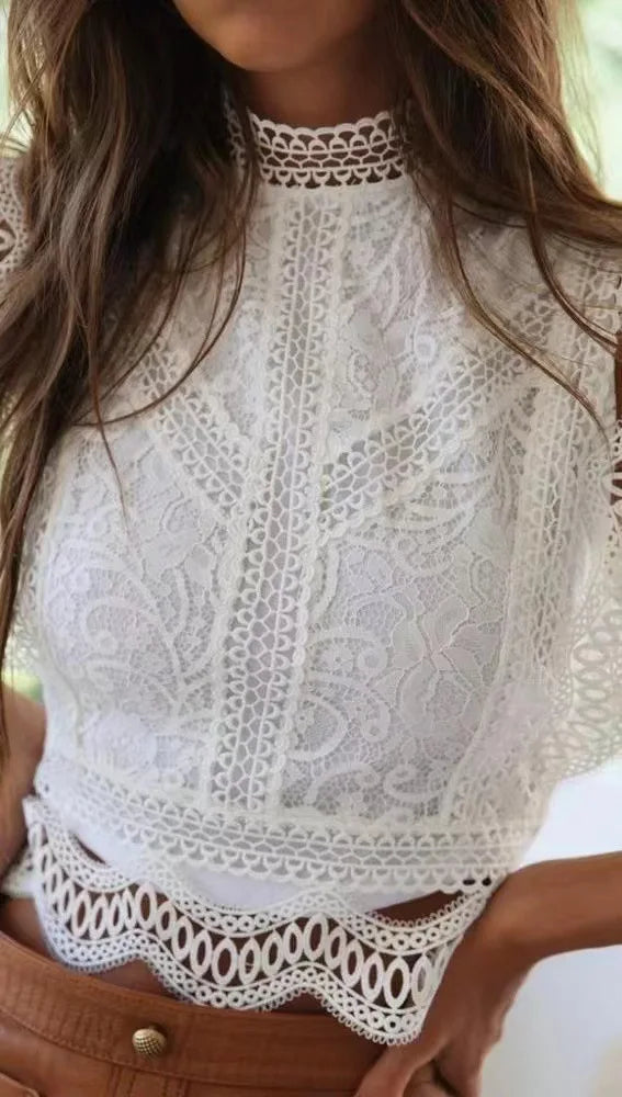 Women's Tank Blouses Hollow Black White Geometric Pattern Women Lace Chiffon Top