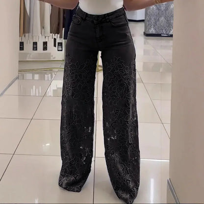 Urban Crochet Denim Women Pants Hollow Out Zippers Pocket Button Female Trousers