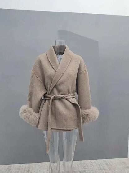 Women Overcoats Fur Patchwork Long Sleeve Woolen Coat