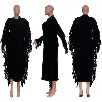 Women Long Sleeve Tassel Bodycon Midi Knit Dress O-neck Sweater Dress