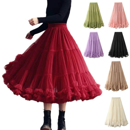Women Layered Tulle Elastic Waist Mid Length High Waist Mesh Skirt