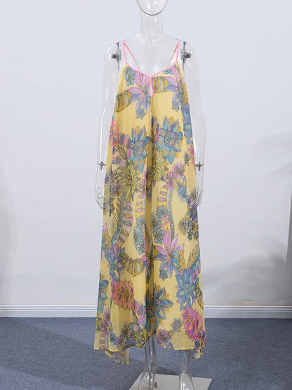 Print Floral Women's Dress Halter V-neck Sleeveless Hollow out Straight Vacation Dress