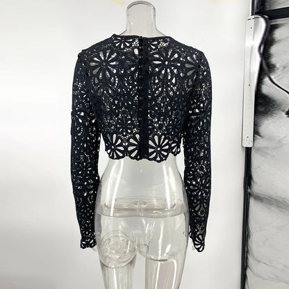 Summer Vacation See Through Crochet Top Women Set Hallow Out Flare Long Sleeve Skirts Set