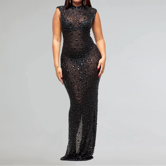 Cocktail Dress Diamonds Hot Rhinestones O-neck Women Sleeveless Bodycon Maxi Dress