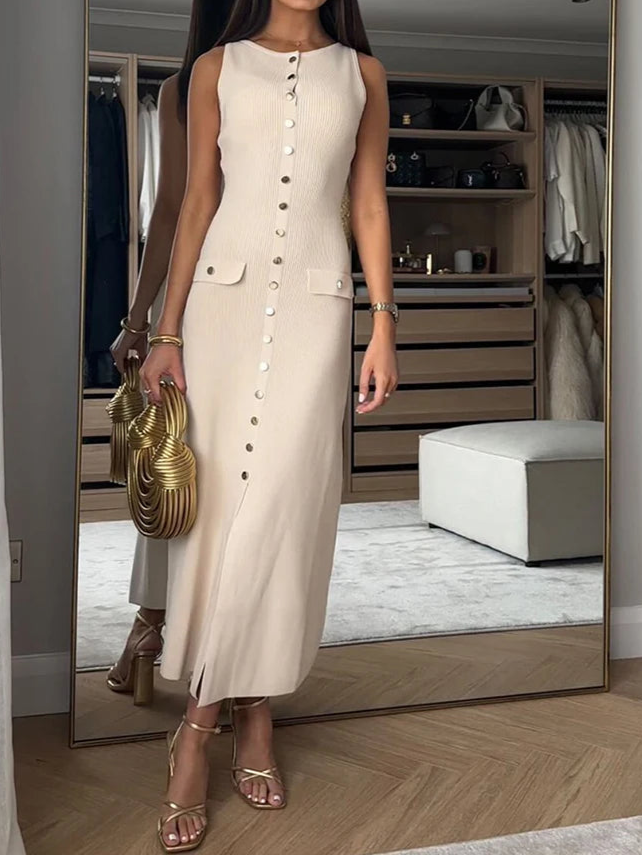 Elegant Knitted Long Dresses Women O Neck Sleeveless Single Breasted Bodycon Midi Dress