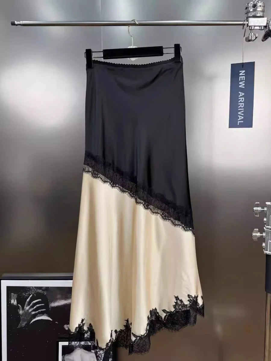 Sexy Asymmetrical Long Skirts Lace Hem Satin Skirt for Women