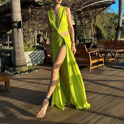 Party Maxi Dress Hollow Out Sexy Slit Evening Dresses for Woman V-neck Off-the-shoulder Sleeveless Formal Prom Gown
