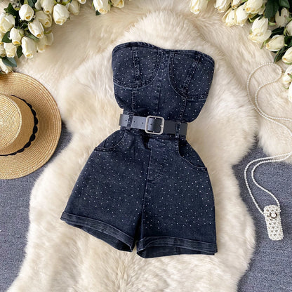 Women Denim One Pieces Summer Playsuit High Waist Slim Sleeveless Strapless Sashes Outfits