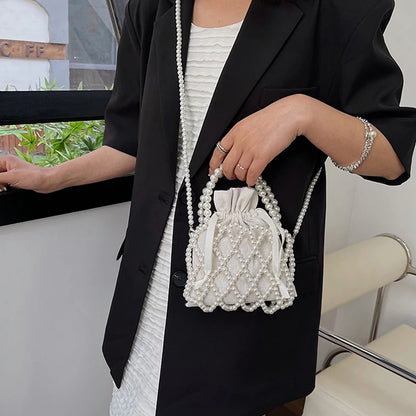 Luxury Pearl Women Bucket Tote Bag Woven Pearl Crossbody Bags for Women Small Wallet