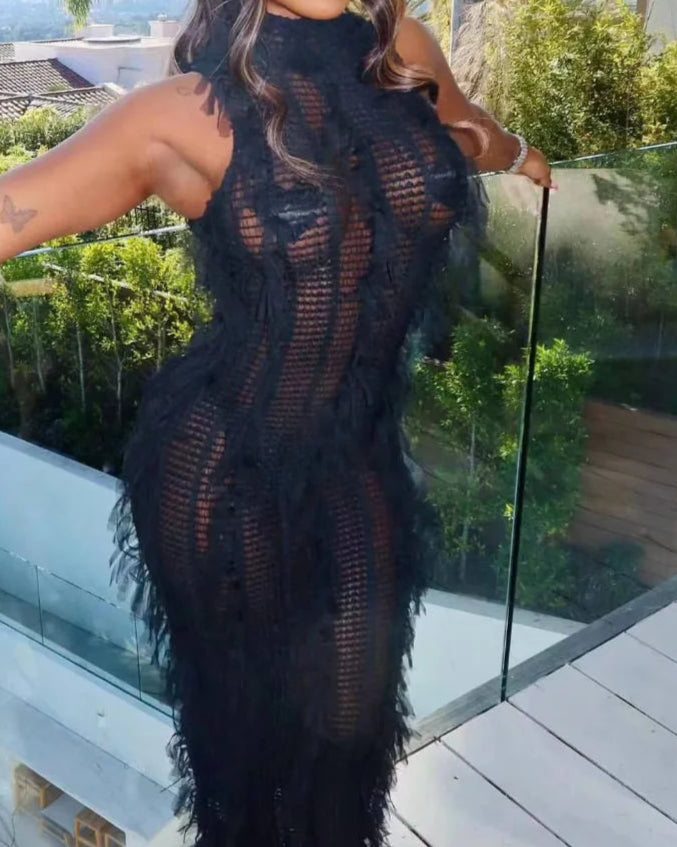 Fur Hollow Out Perspective Midi Dress Women Round Neck Sleeveless Slim Dress