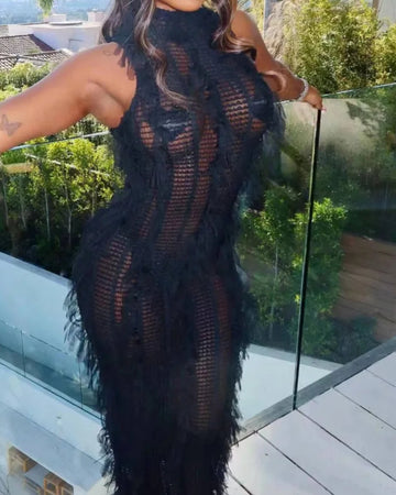 Fur Hollow Out Perspective Midi Dress Women Round Neck Sleeveless Slim Dress