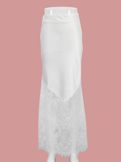 Loose Black Satin Lace Hem Skirt Casual High Waist Ankle Length Skirt