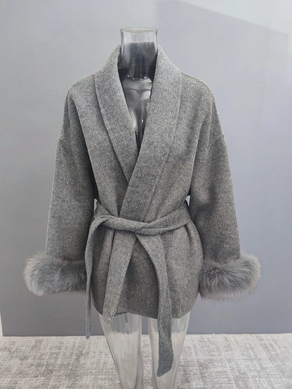 Women Overcoats Fur Patchwork Long Sleeve Woolen Coat