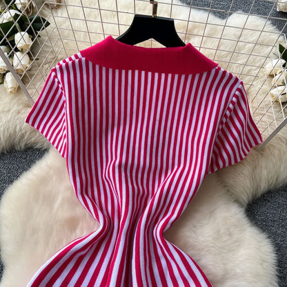 Sweater Striped Dress Knit Dresses Ruffles Party Casual Elegant Knitted Y2k Streetwear