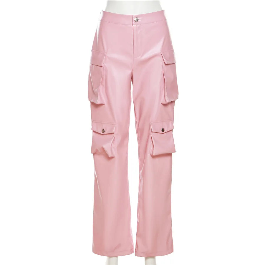 Pink Cargo Pants for Women 2024 Spring Straight Leg Solid Multi-Pocket Pants