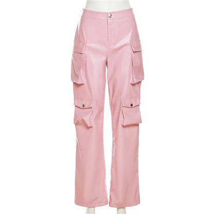 Pink Cargo Pants for Women 2024 Spring Straight Leg Solid Multi-Pocket Pants
