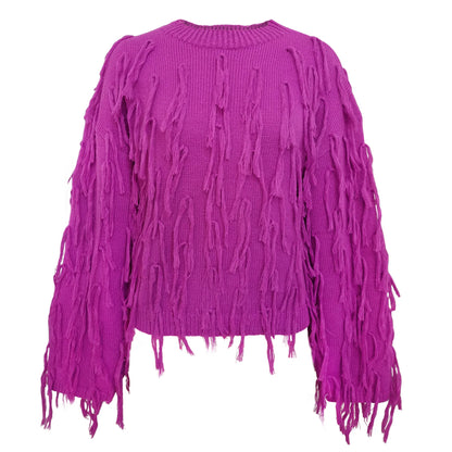 Tassels Design Solid Color Sweater Women Loose Knitted Pullover Jumper