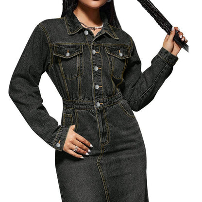 Streetwear Denim Dress Spring Clothes Women Turn Down Collar Up Jean Dresses Cowboy Dress