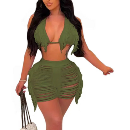 Women Fringe Tassel Bikini Shorts Set Hollow Out Jamaican Crochet Swimwear Summer Beach Knitted Cover Up Swimsuit
