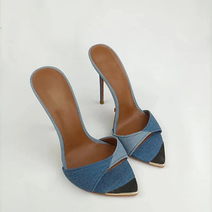 Denim Women Slippers Metal Decoration Pointed Toe Mules Shoes Super-high Heel Sandals