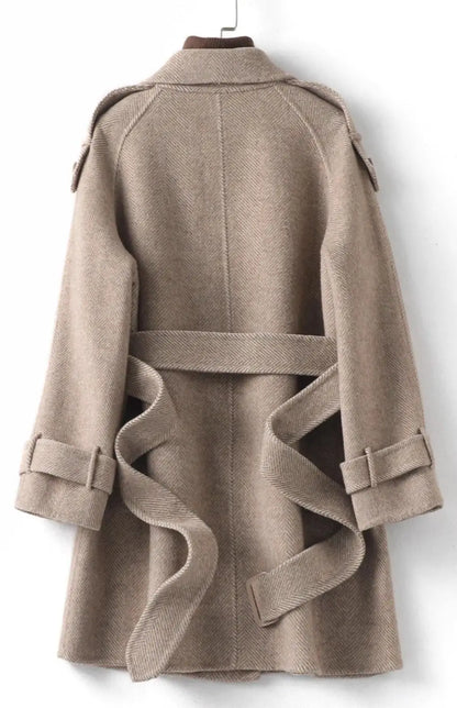 Woolen Coat New British style POLO collar Lace up Double breasted Coat