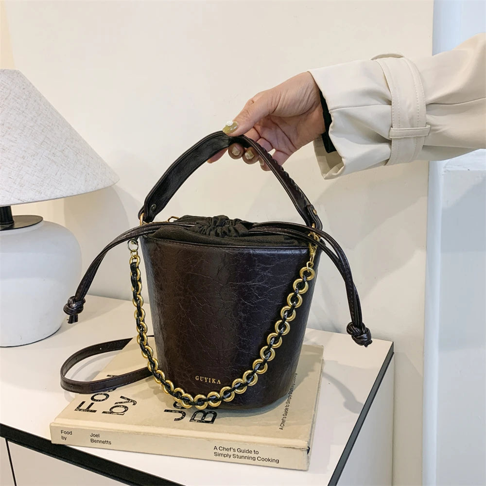 Retro Bucket Crossbody Bags For Women Oil-waxed Leather 2-IN-1 Chain Shoulder Bag
