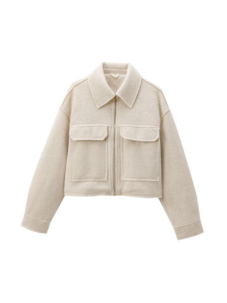 Cropped Jacket with Pockets for Women, Long Sleeve Coat Front Zipper Female Outerwear