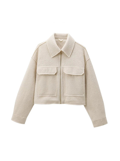 Cropped Jacket with Pockets for Women, Long Sleeve Coat Front Zipper Female Outerwear