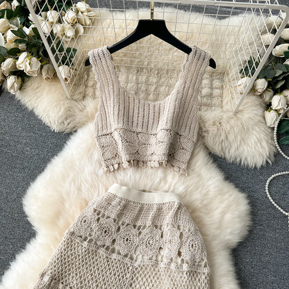 Bohemian Vintage Knit Two Piece Tank Tassels Crop Tops+Loose Hooked Hollow Out Skirt Beach Outfit