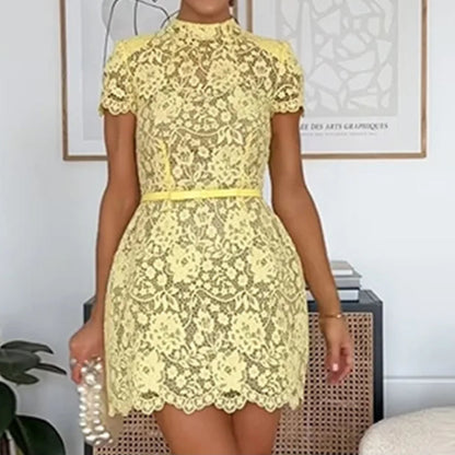 Sexy Lace Printed Women's Dress Elegant O-neck Short Sleeve High Waist Mini Dress