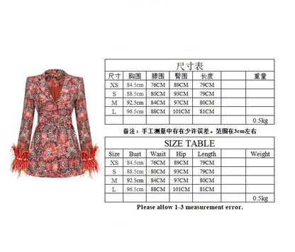 High-end Women's Blazer Dress Cuffs Adorned with Feather Print Dress