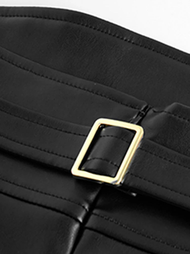 Midi Black Soft Pu Leather Pencil Skirt Women Back Slit Belt High Waist Office Skirts