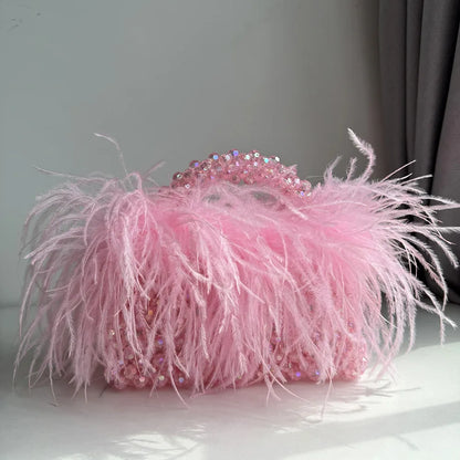 Pearl Bead Bag With Feather Fur Designer Brand Clear Acrylic Crystal Handbag Handmade