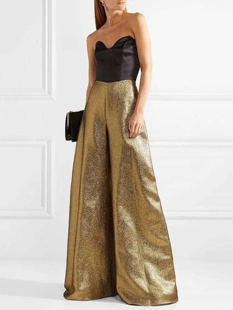 Women's Stylish Party Wear Pants Solid Gold High Waist A-line Wide Leg Pants Zippered Full-length Trousers
