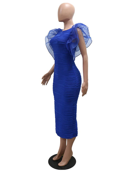 Women O Neck Ruffle Sleeves Package Hips Bodycon Dress Pencil Evening Birthday Dress