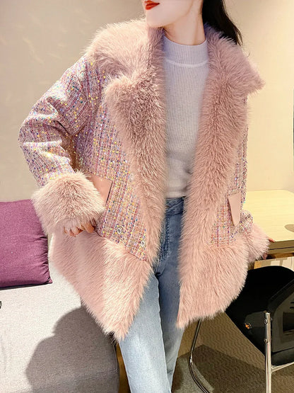 Glitter Coarse Wool Blended Fur Coat Long Sleeve Loose Coat